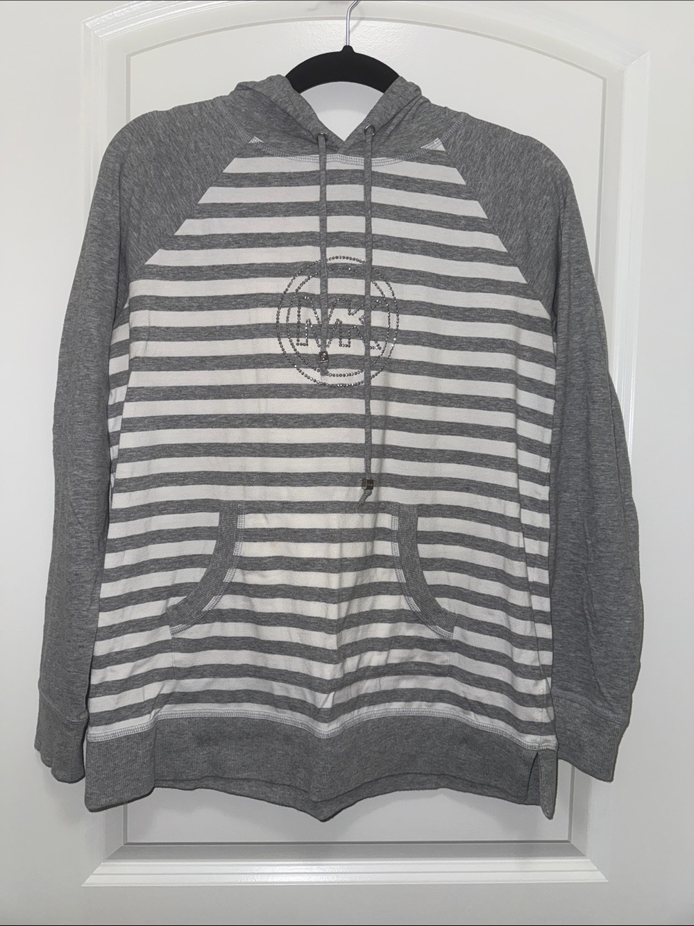 Michael Kors Gray and White Striped Hoodie Sweatshirt
